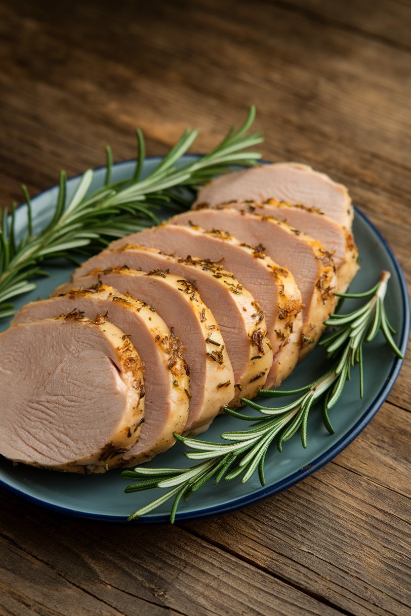 Indoor grill-pan shot of sliced cooked chicken breast arranged on a plate with rosemary sprigs. No brand marks, no text. Photo.