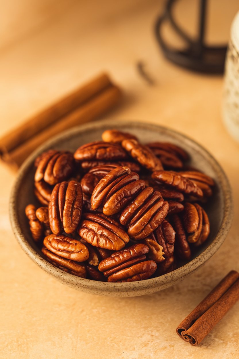 Shallow indoor bowl of glossy candied pecans with cinnamon sticks beside. No text or logos. Photo.