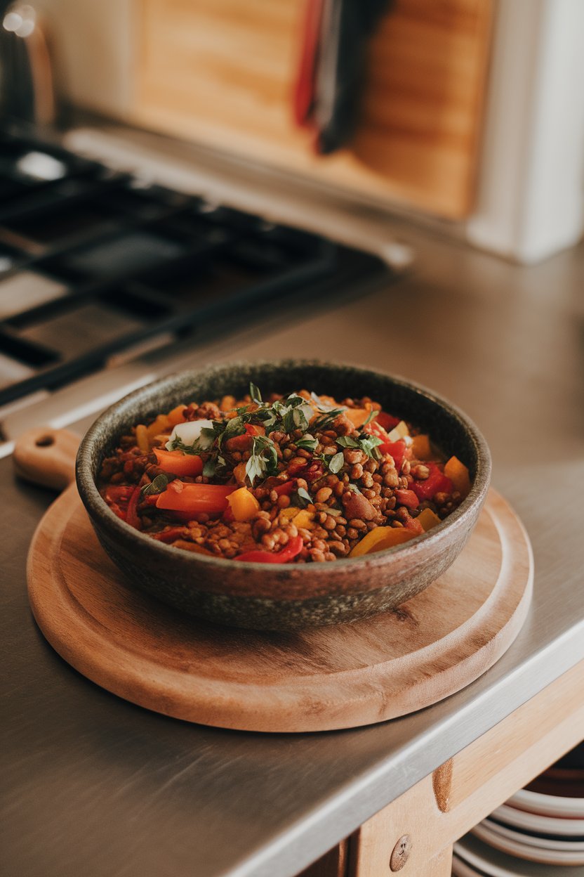 Indoor shot of a colorful lentil and vegetable stew served in a rustic bowl on a kitchen island. Warm evening light, no text or logos.