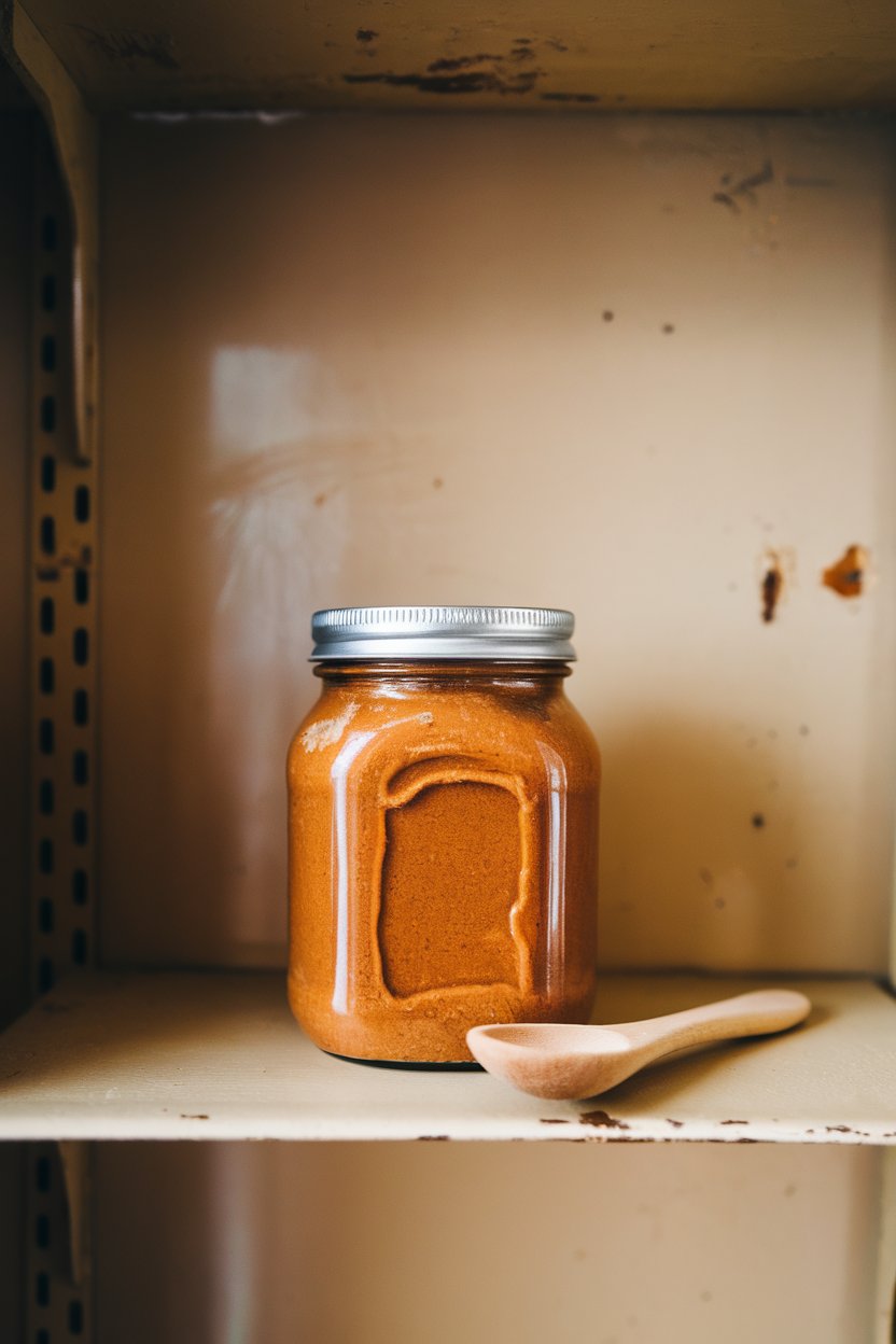 Photo of a jar of natural peanut butter with visible oil separation on an indoor shelf, spoon resting nearby, no text or logos