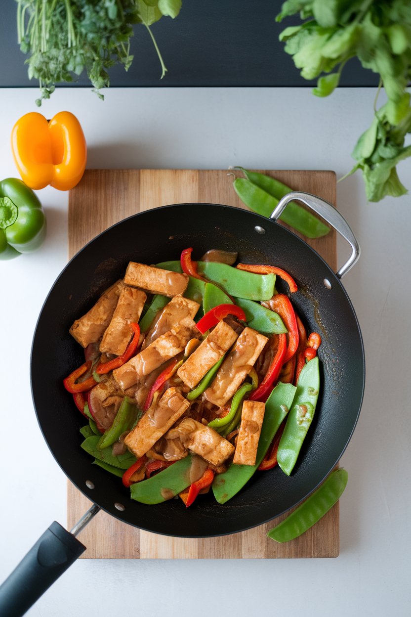 Overhead indoor view of a wok filled with sautéed tempeh strips, bell peppers, snow peas, and a glossy peanut sauce. No text or logos anywhere.