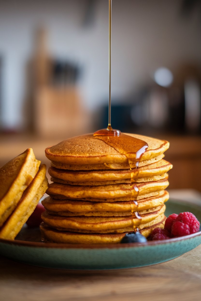 Indoor breakfast plate stacked with golden pumpkin pancakes, a drizzle of maple syrup glistening on top. No brand names or text.