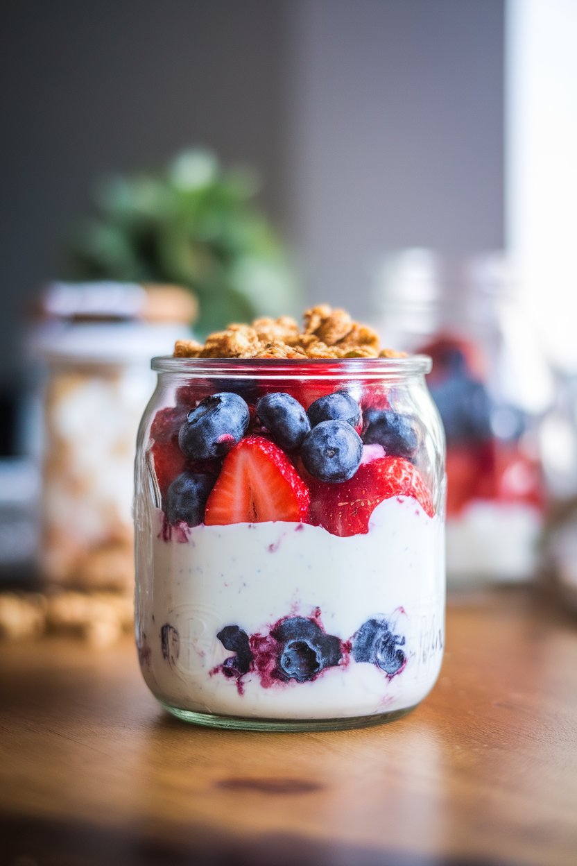 Photo of a clear glass jar layered with plain Greek yogurt, fresh blueberries, strawberries, and a sprinkle of granola on top, shot indoors on a wooden breakfast table with soft morning light. No text or logos visible.