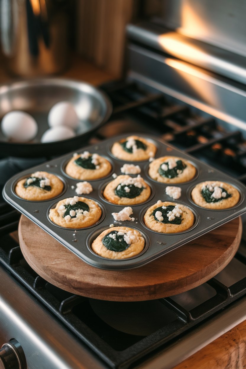 A muffin tin resting on an indoor stovetop, filled with baked egg muffins dotted with green spinach and white feta crumbles. Warm lighting, no brands visible. Photo, not illustration.