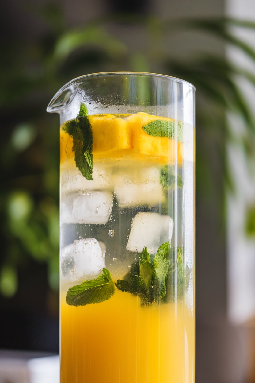A photo of a tall pitcher indoors, filled with bright yellow pineapple juice diluted with water and flecks of mint; ice cubes floating, no text or logos.