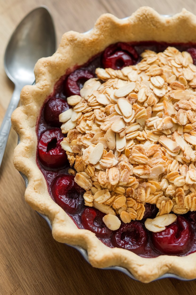 An indoor pie dish filled with bubbling cherries beneath a golden almond oat topping, a serving spoon beside. Photo only; no logos or text.