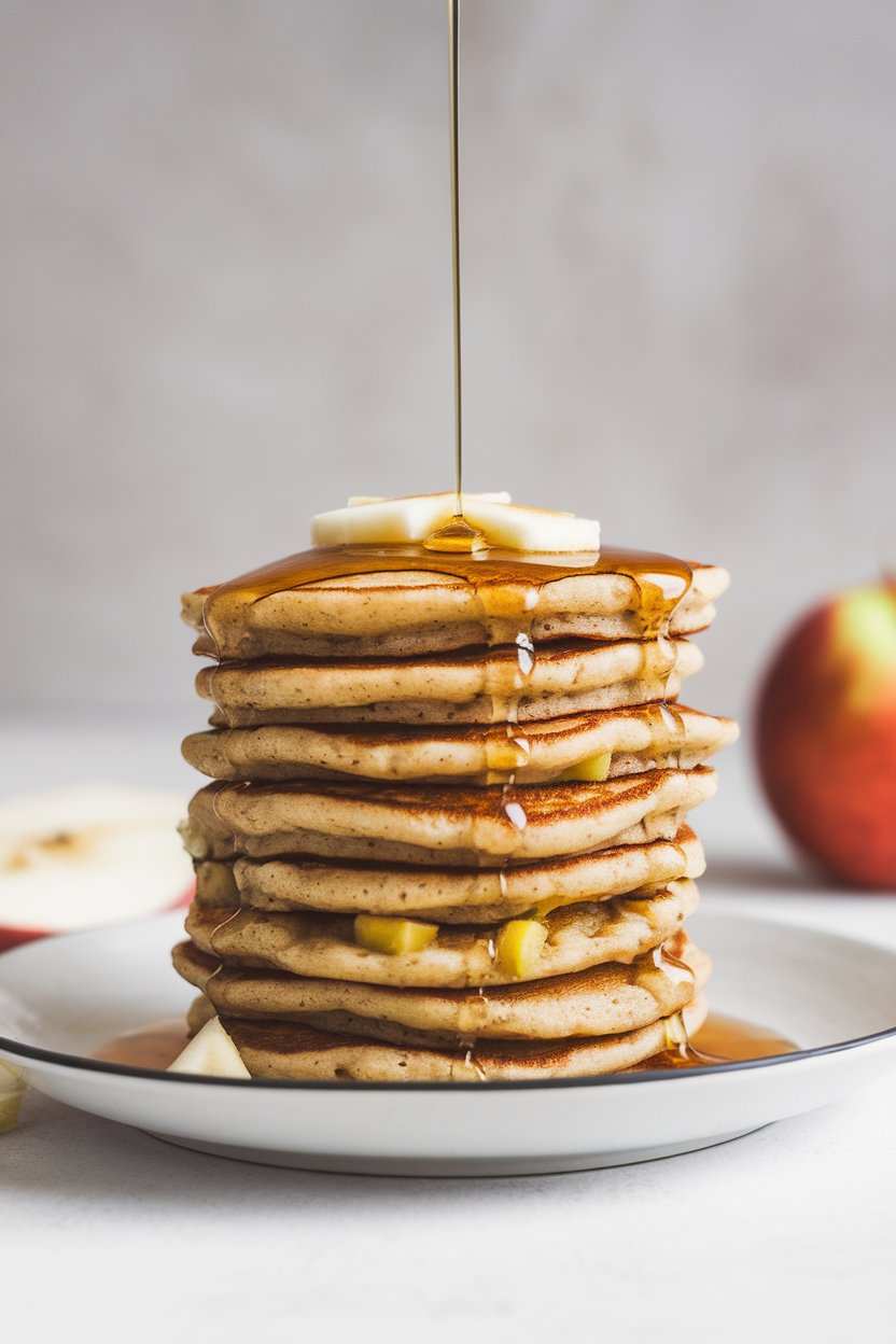 An indoor stack of small protein pancakes flecked with apple bits on a white plate, maple syrup drizzled lightly on top. No logos visible.