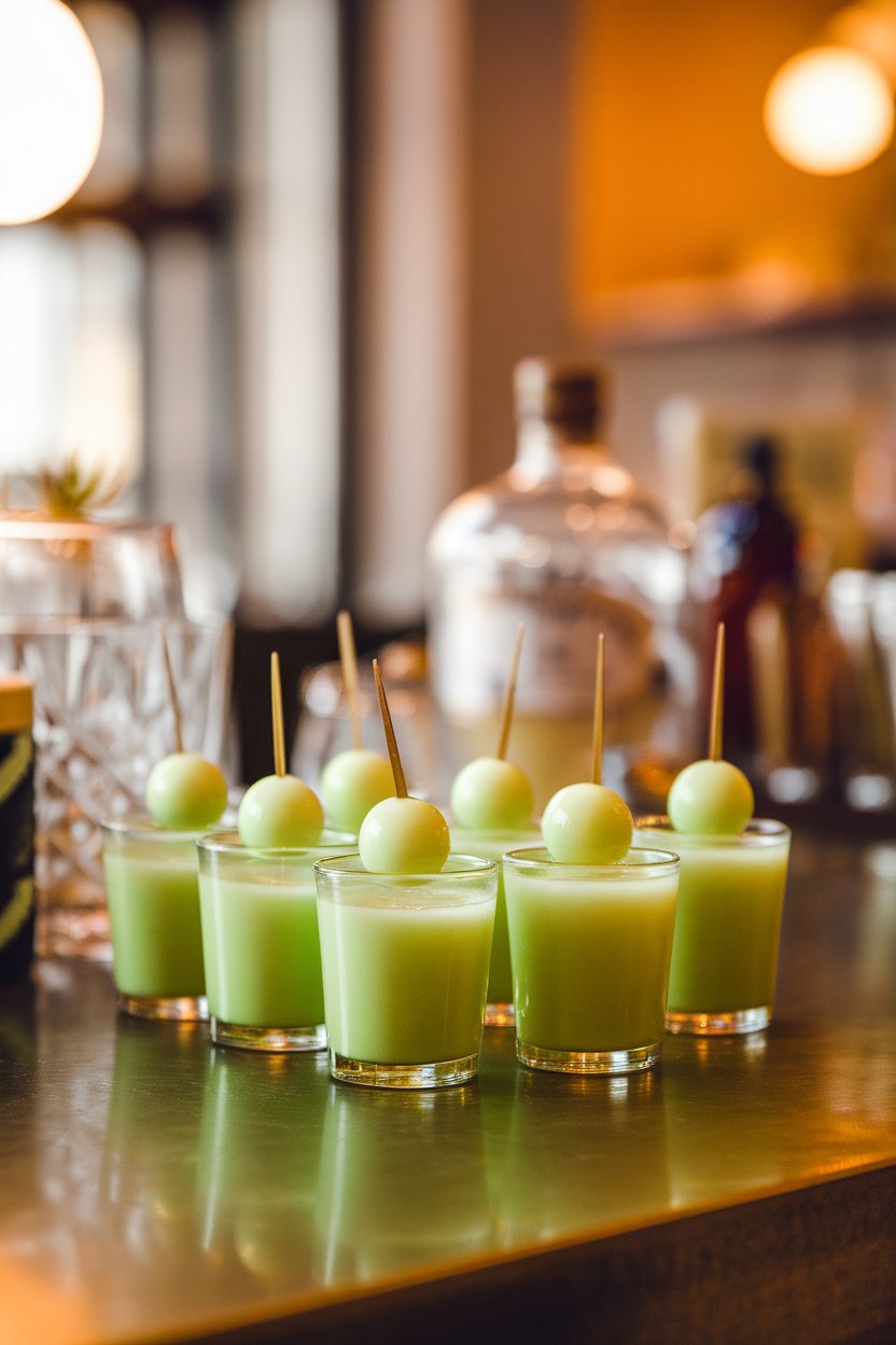 Photo of neon-green melon liqueur shots, tiny honeydew sphere on a cocktail pick atop each, indoor bar; no branding.