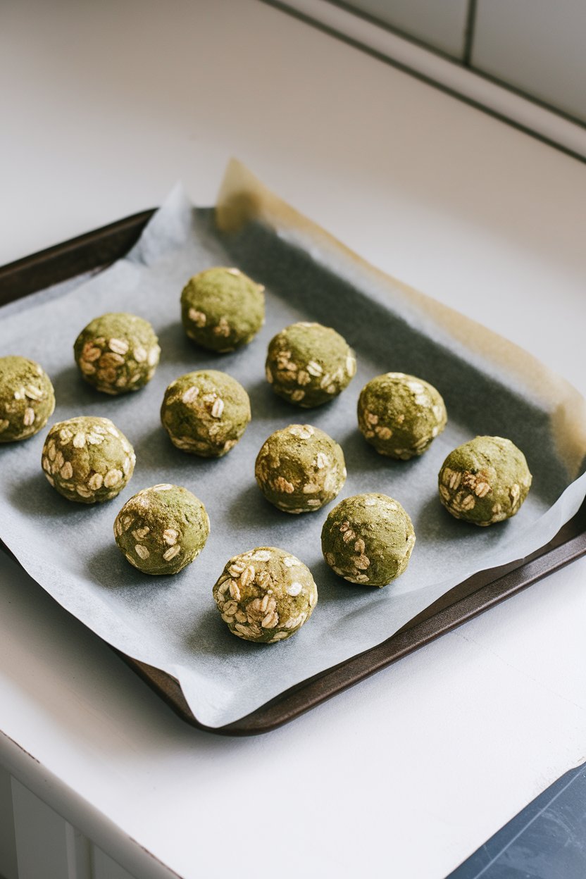 Indoor kitchen worktop photo of several round matcha oat energy bites on a parchment-lined tray, subtle green tint visible. No text or logos.