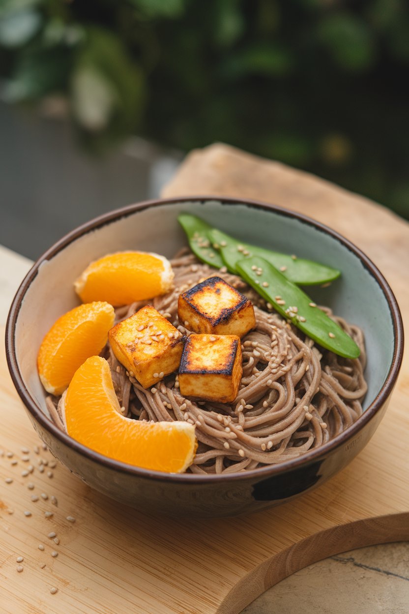 Indoor image of chilled soba noodles with orange segments, grilled tofu cubes, and snap peas, sesame seeds scattered. No text or logos.
