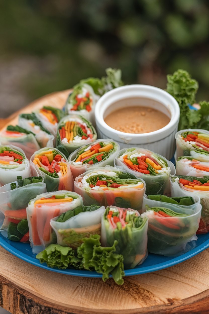 An indoor platter of translucent rice-paper rolls revealing colorful vegetables, accompanied by a ramekin of peanut dipping sauce; photo only, no text or logos.