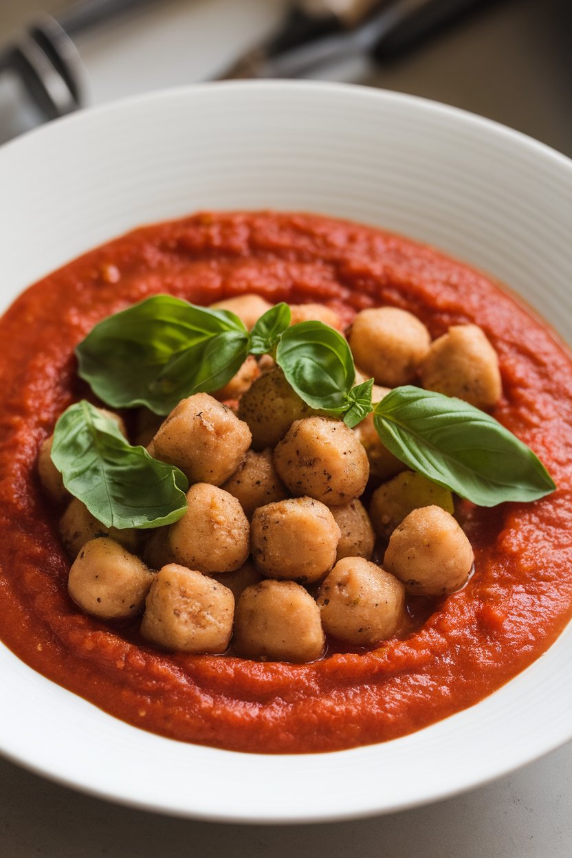 Indoor photo of chickpea gnocchi nestled in smooth tomato basil sauce, fresh basil leaves on top. No text or logos.