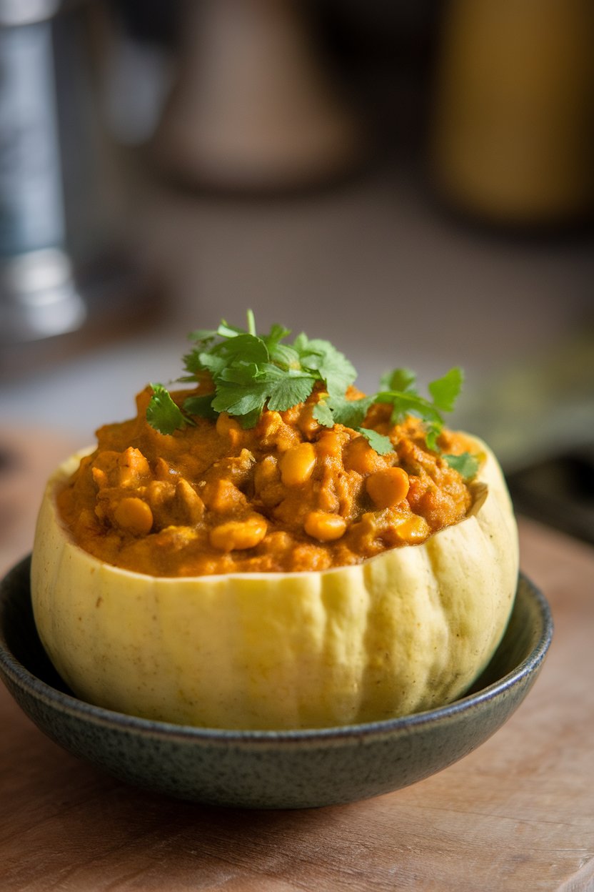An indoor bowl of ridge gourd and split moong dal curry, mellow yellow in color, topped with fresh coriander. No text or logos. Photo, not illustration.