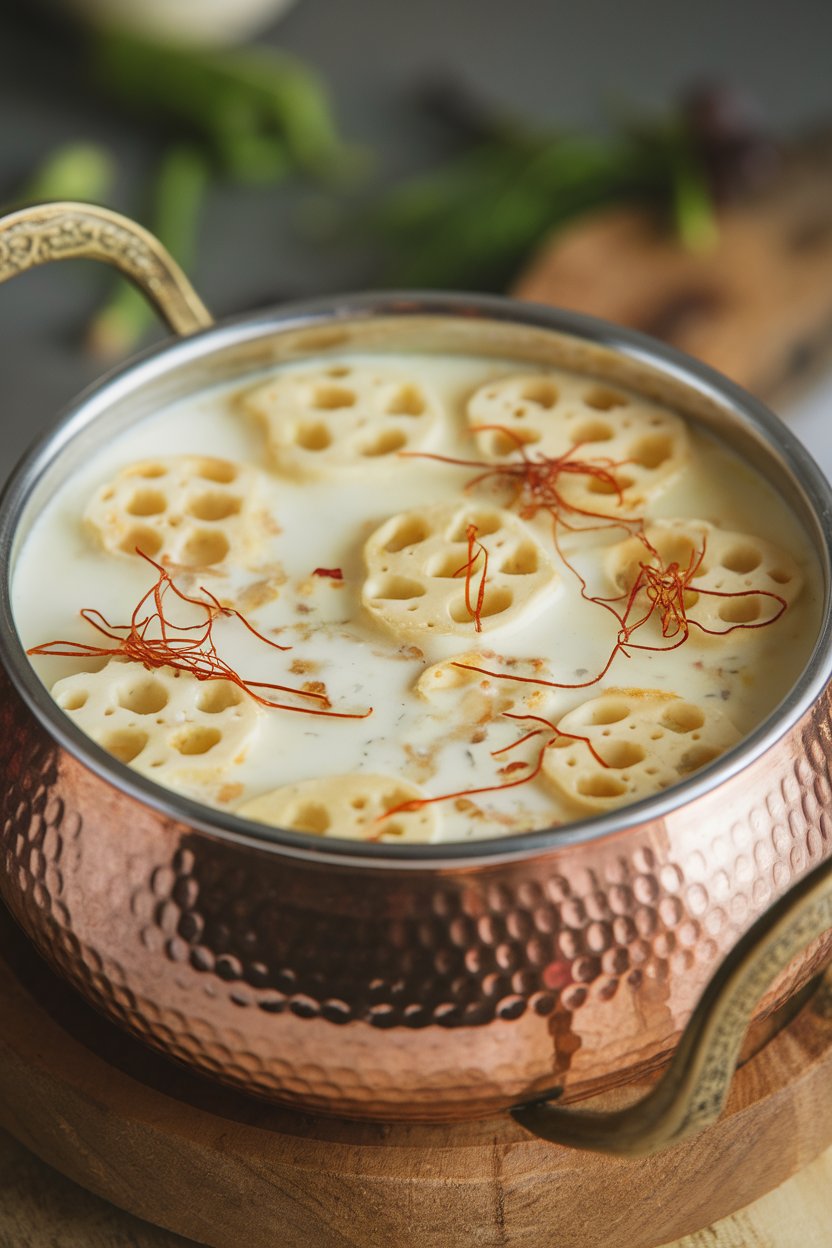 An indoor copper handi containing lotus stem pieces in a pale yogurt and fennel broth, saffron threads floating on top. No text or logos. Photo, not illustration.