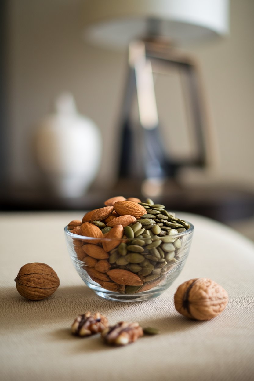 A small indoor snack bowl filled with almonds, walnuts, and pumpkin seeds on a coffee table, no text or logos, photo only