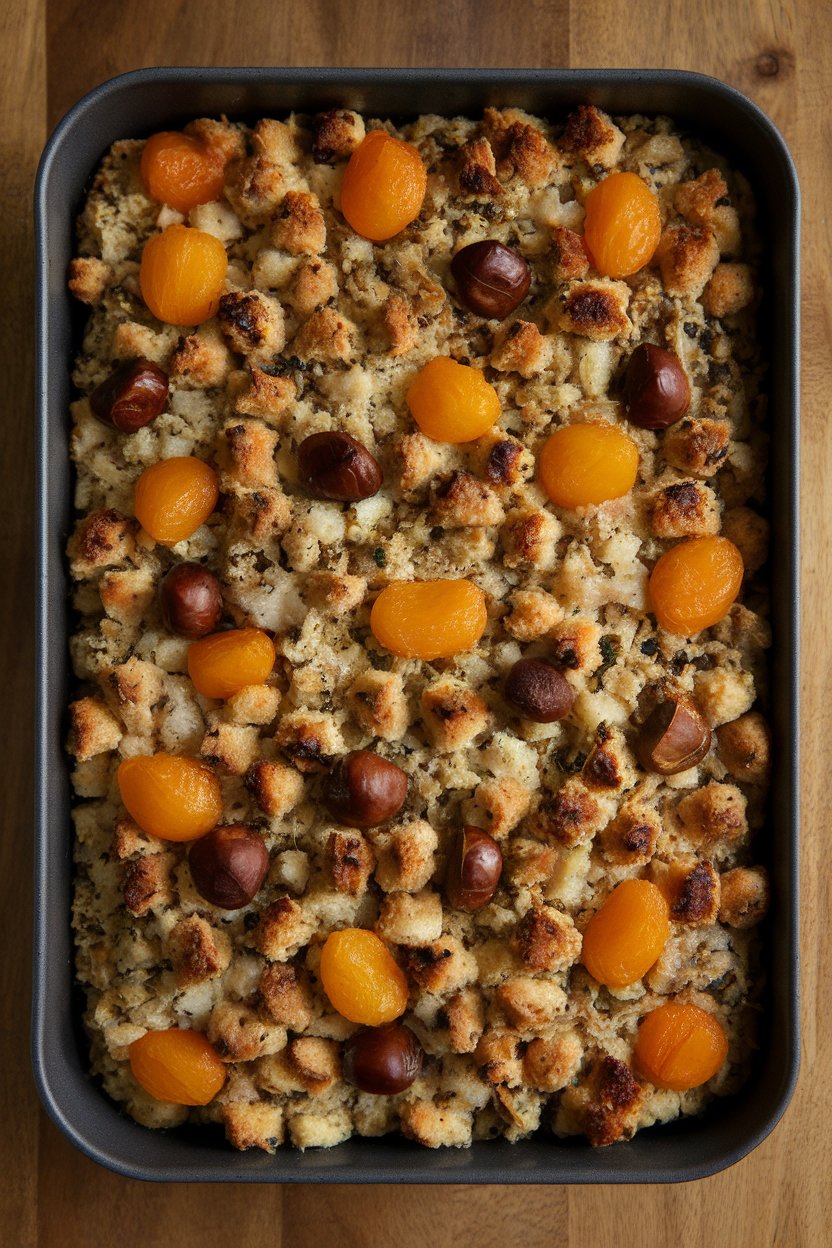 An indoor baking dish of stuffing dotted with golden apricot pieces and roasted chestnuts, lightly browned top—no logos or text. Photo.