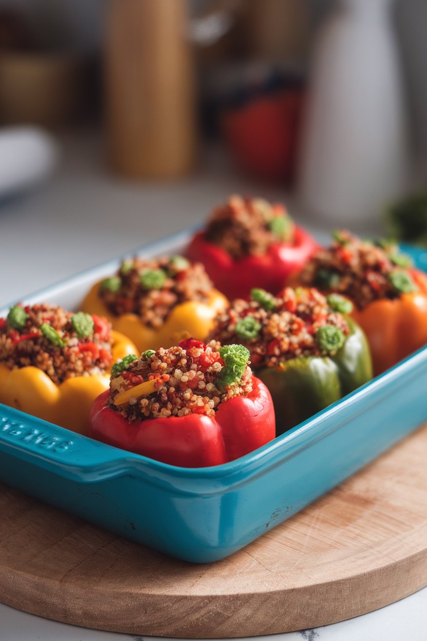 Indoor baking dish of colorful bell peppers filled with quinoa and veggies—no text or logos.