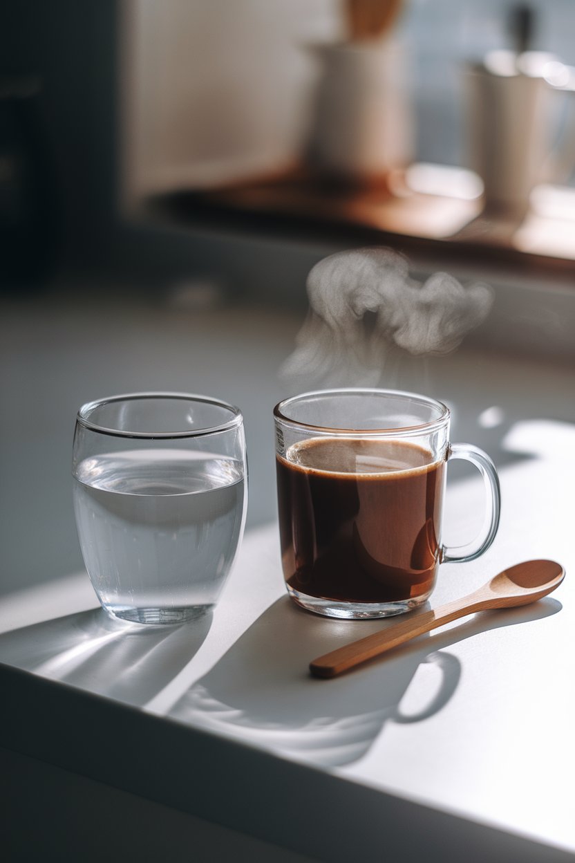 Photo of a clear glass of water on a kitchen counter beside a steaming mug of coffee, all indoors under soft morning light, no branding or text.