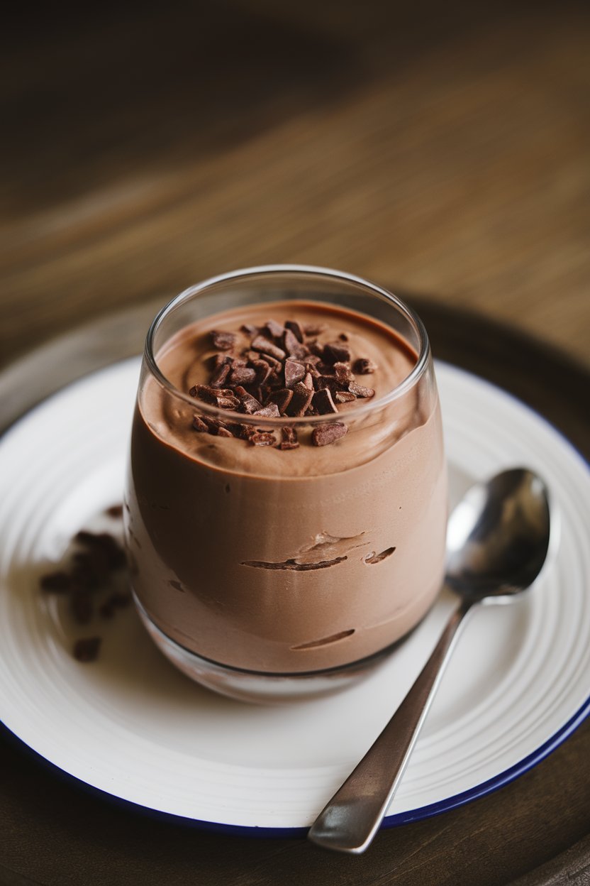 Indoor dessert glass of silky chocolate mousse made from Greek yogurt, topped with cacao nibs. No text or logos; photo.