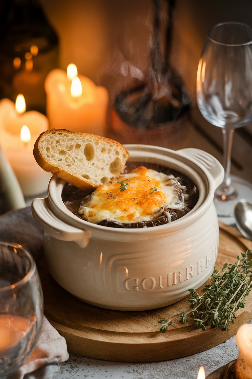 Candle-lit indoor bistro scene showing crock of French onion soup topped with melted Gruyère and toasted baguette slice. No text or logos. Photo.