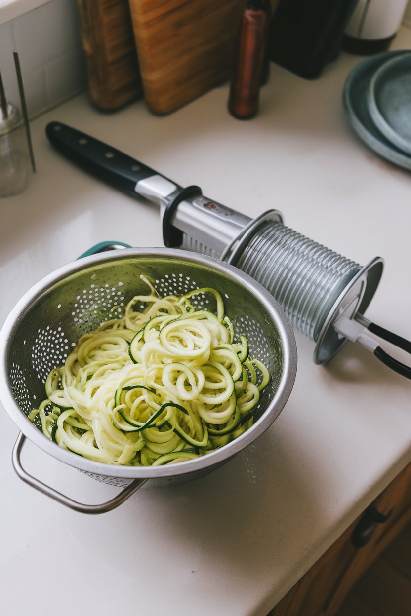 Kitchen countertop photo of zucchini noodles in a colander next to a spiralizer tool, no logos visible.
