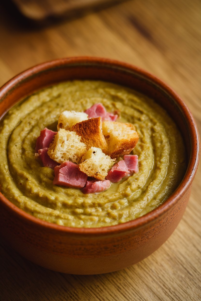 Warm indoor lighting on a ceramic bowl of split pea soup with diced ham, smoky green purée garnished with croutons. No text or logos. Photo.