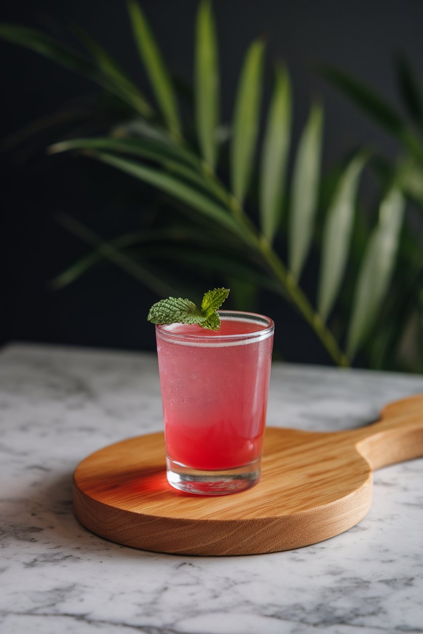 Photo of bright-pink shots with tiny mint leaf, indoor bar; no text or logos.