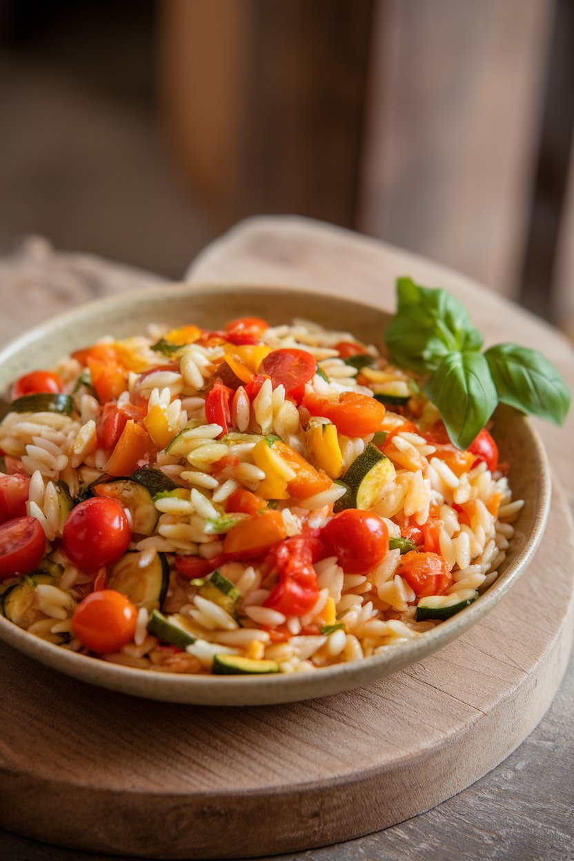Indoor shallow bowl filled with colorful vegetable-studded orzo, lightly dressed with lemon vinaigrette. No text or logos.