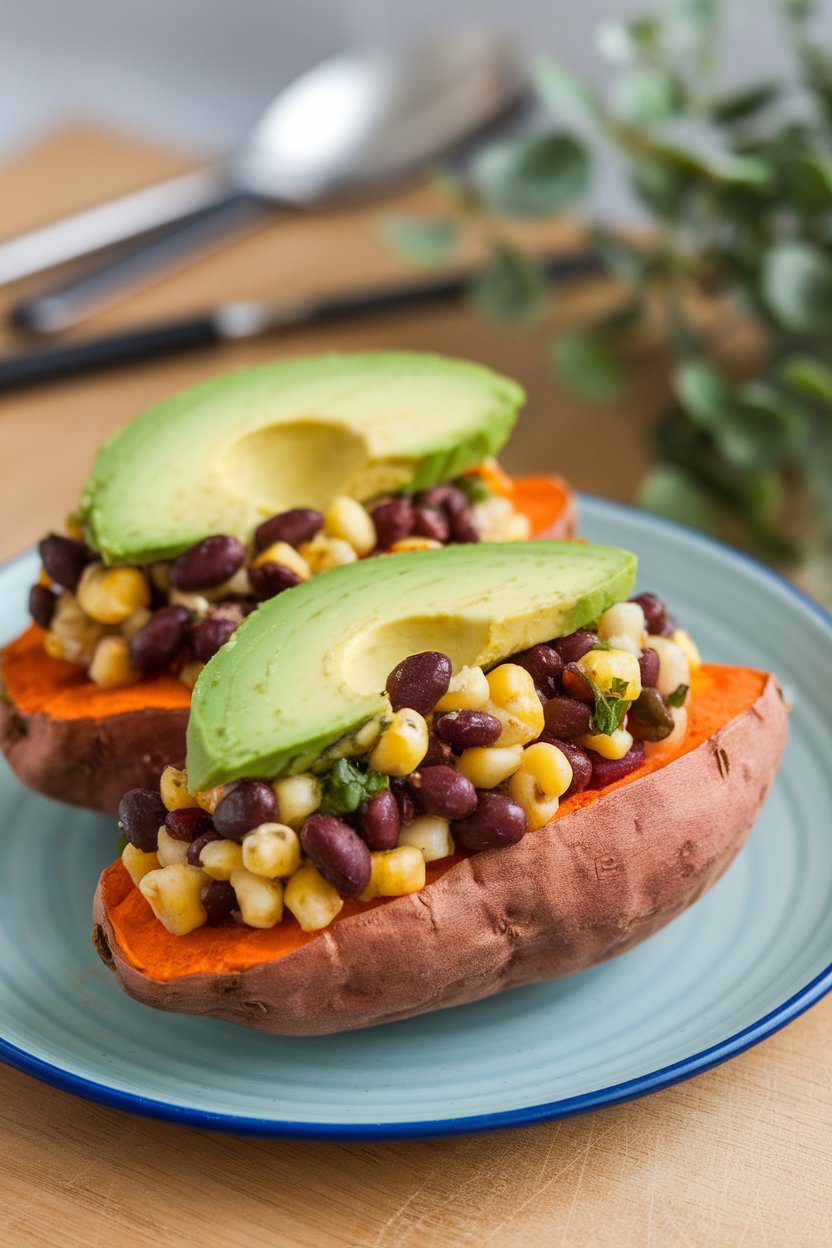 Indoor plate with halved roasted sweet potatoes filled with black bean-corn salsa and avocado drizzle. No text or logos; photo.