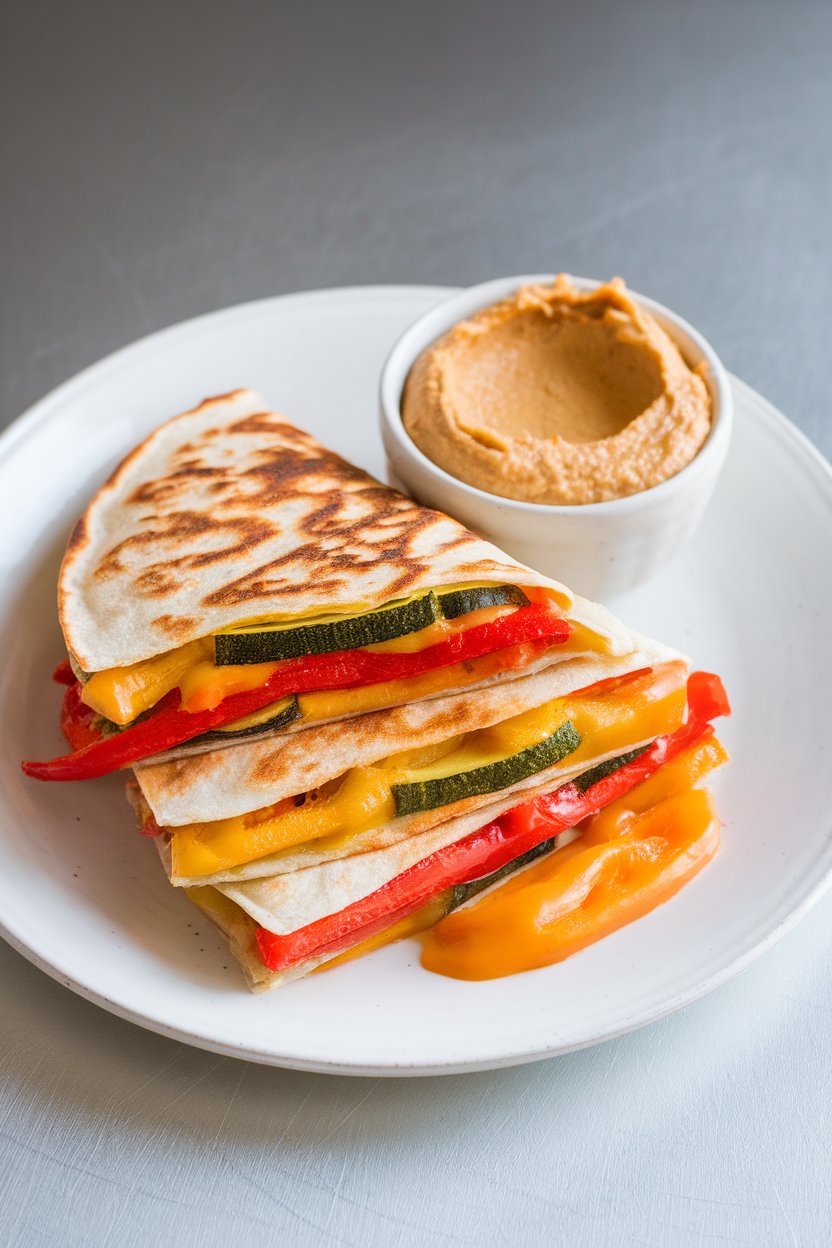 Indoor plate, colorful roasted veggie quesadilla with hummus oozing slightly, photo, no text or logos.