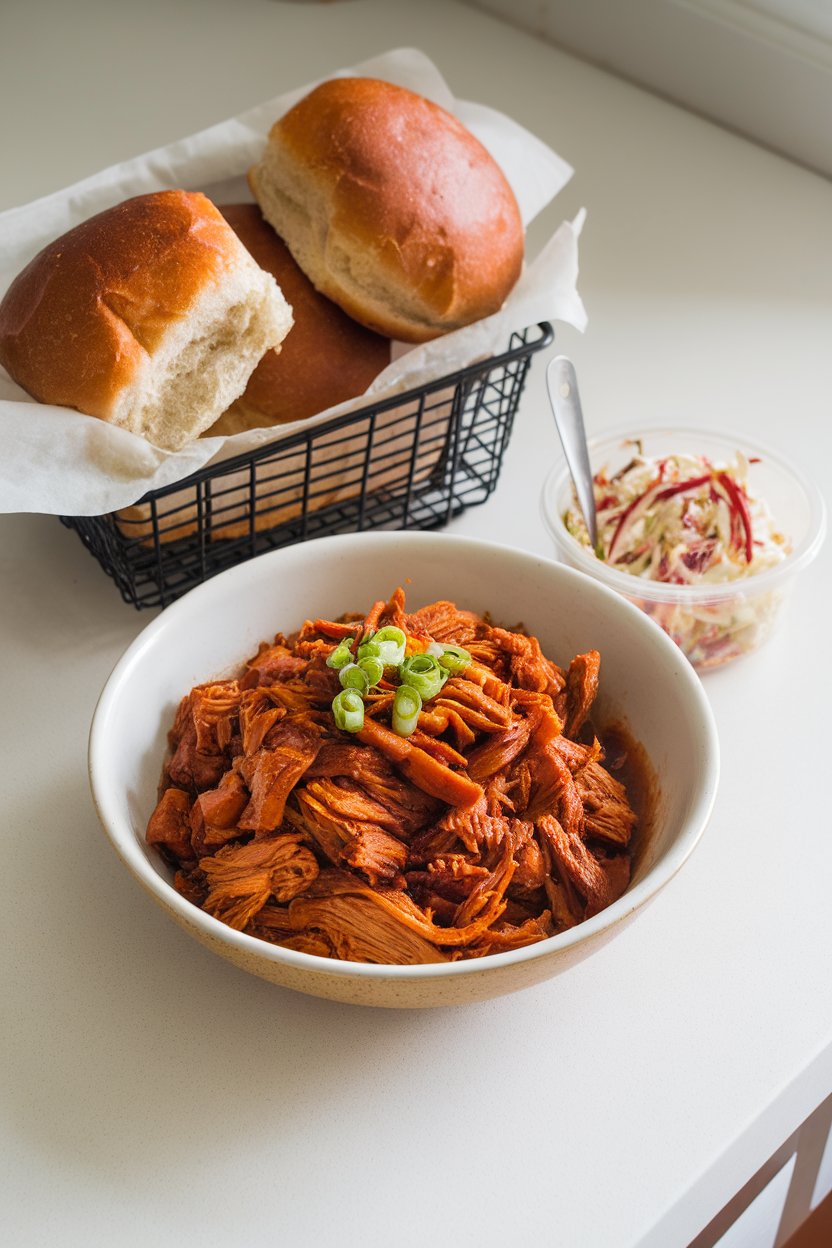 An indoor countertop with pulled BBQ jackfruit in a bowl, whole-grain buns nearby, and a small container of coleslaw. No text or logos present.