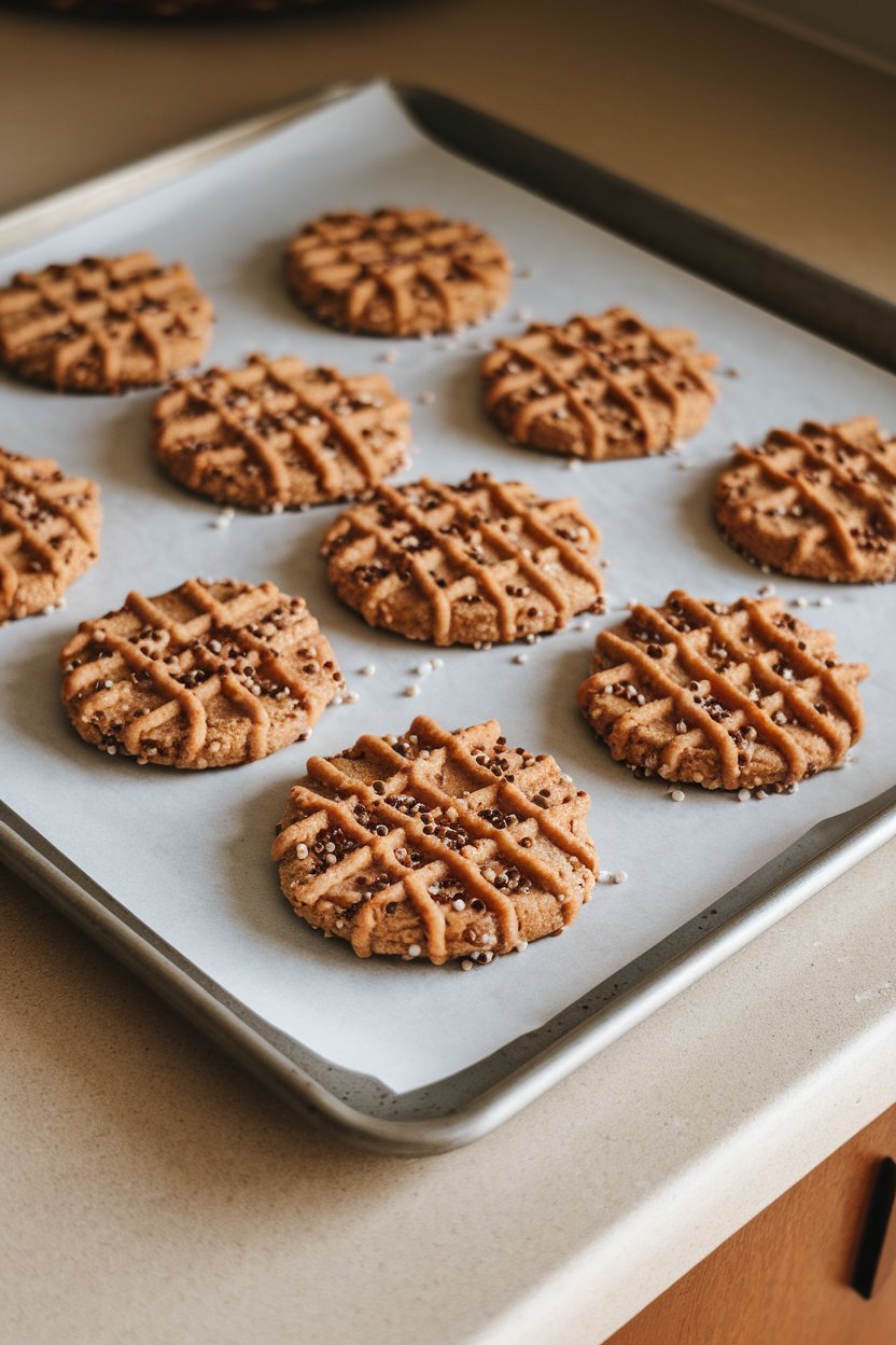 A cookie sheet on an indoor countertop displaying round peanut butter cookies studded with quinoa flakes. No logos or text; photograph only.