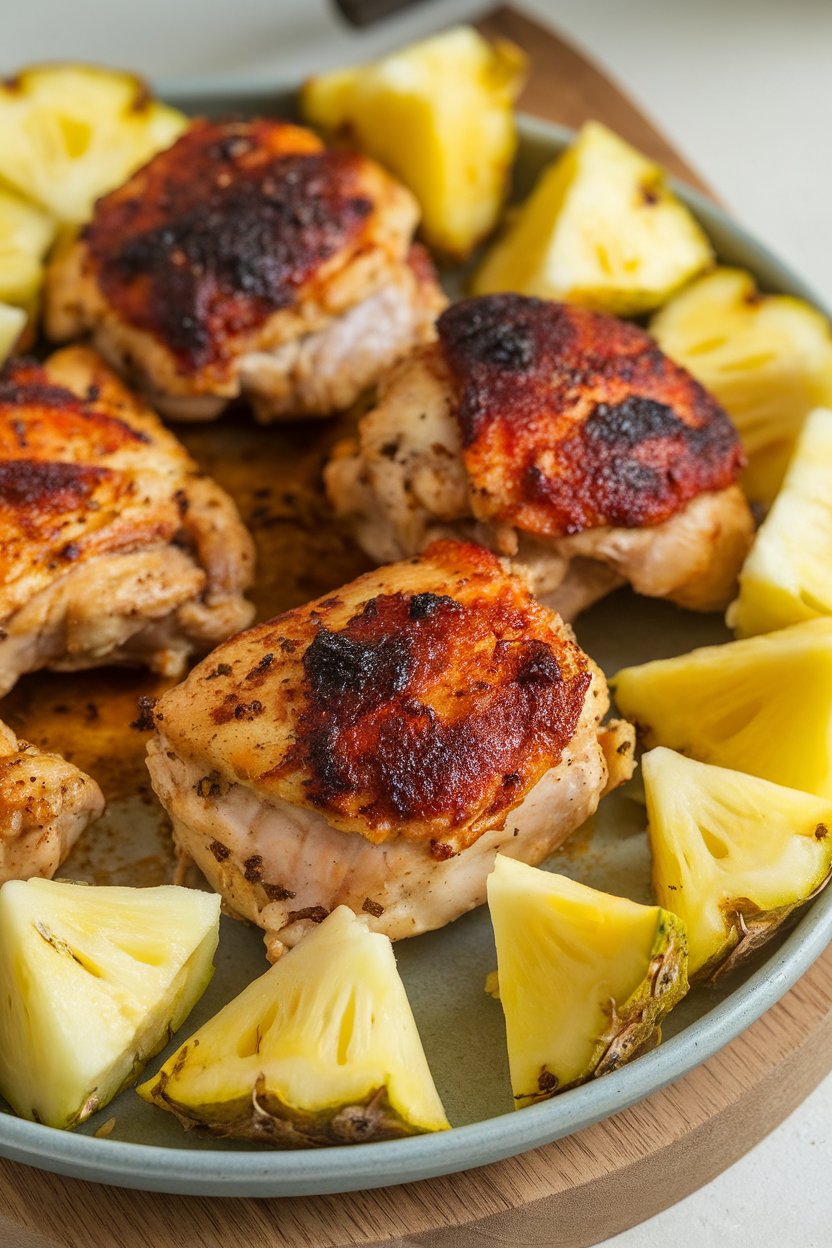 Indoor photo of jerk-seasoned chicken thigh pieces with pineapple chunks on a serving platter, no text or logos