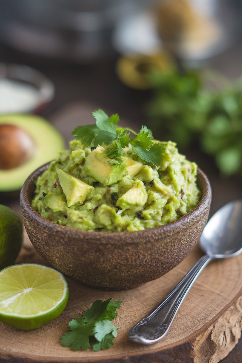 Indoor photo of a rustic bowl of guacamole with visible avocado chunks, sprinkled with cilantro; no text or logos.