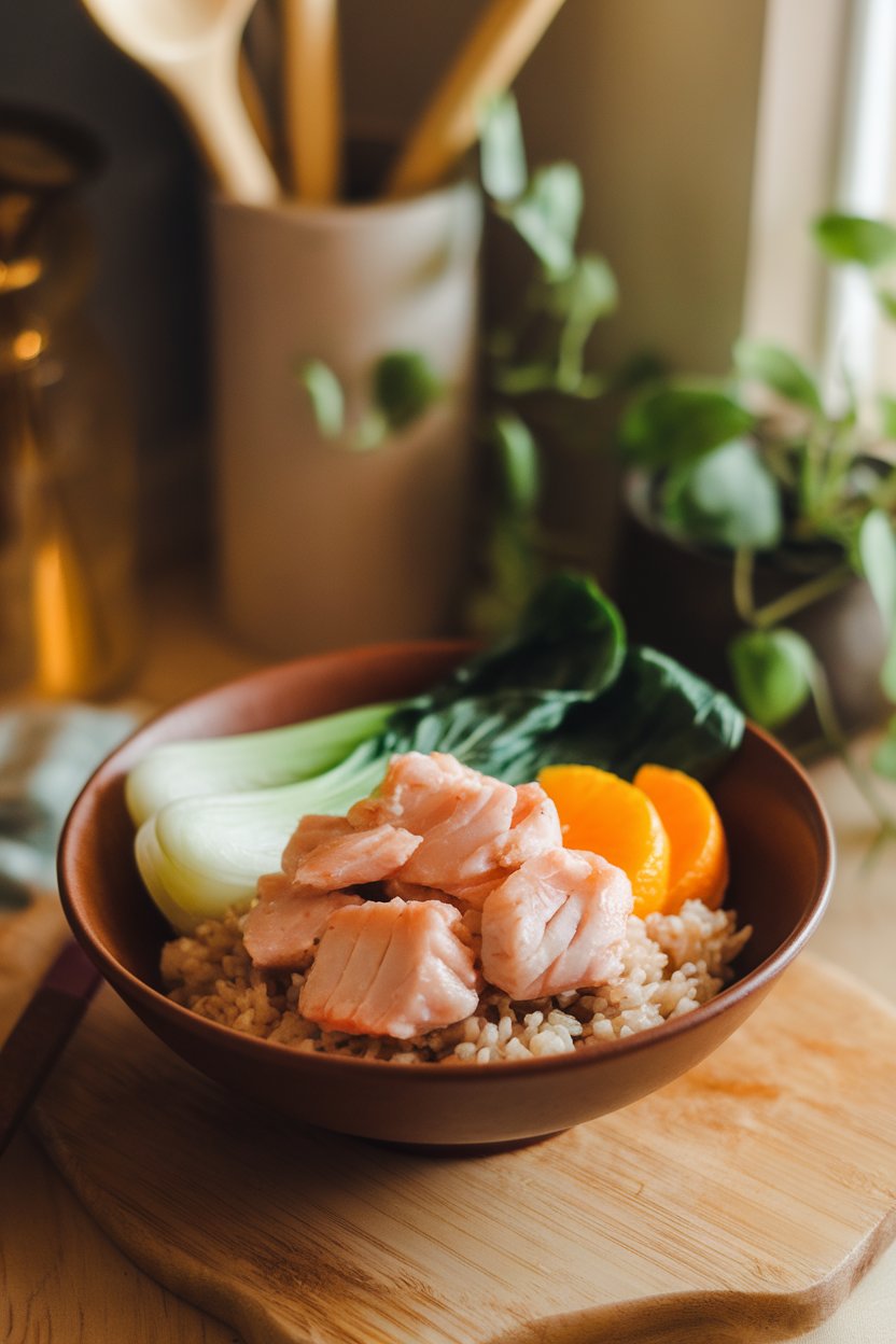 Warmly lit indoor bowl of miso-glazed cod flakes over brown rice with steamed baby bok choy and orange segments. No text or logos.