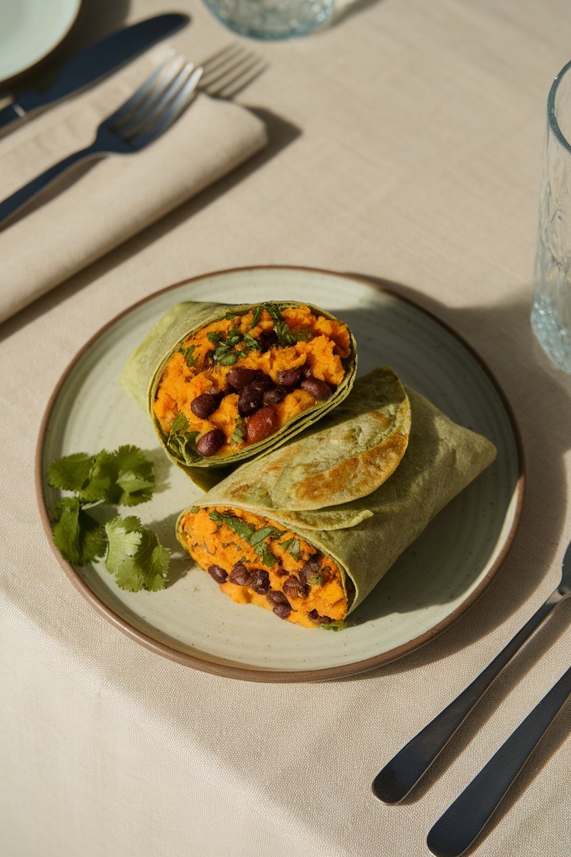 Indoor dining table with a cut wrap showing mashed roasted sweet potatoes, black beans, and chopped cilantro inside a spinach tortilla. Soft overhead lighting, no text or logos.