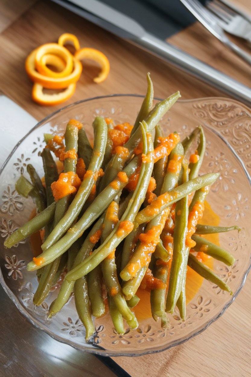 Indoor serving dish of slender green beans coated in light orange glaze, orange zest curls nearby. No text or logos.