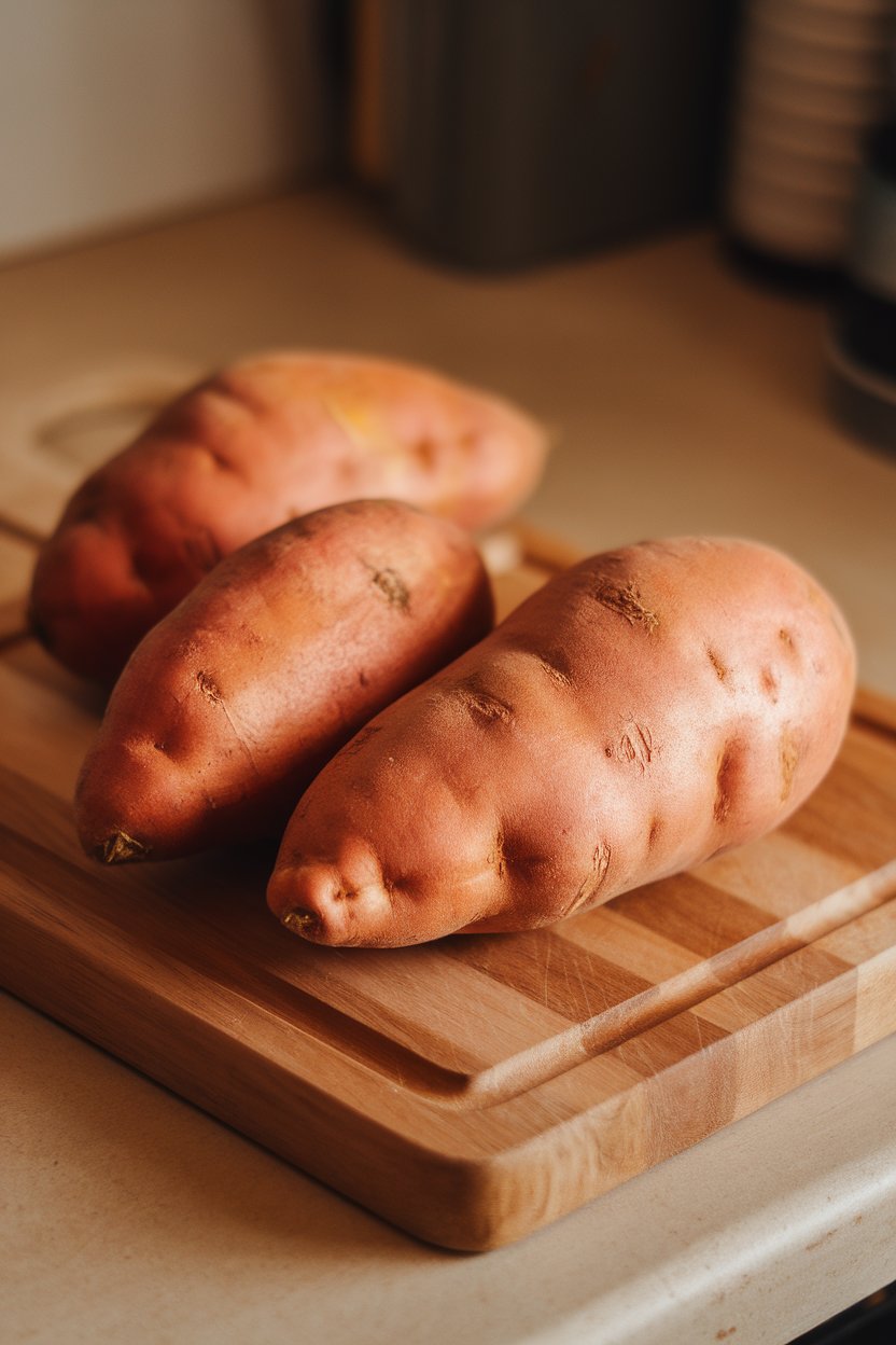 Photo of three whole sweet potatoes resting on a wooden cutting board indoors under soft evening light, no text or logos