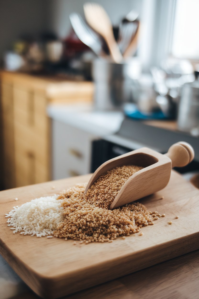 An indoor kitchen counter with a wooden scoop spilling out brown rice and quinoa next to a small pile of white rice, no text or logos, photo only