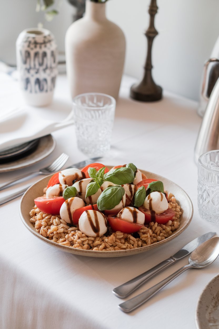 An indoor dining table with a shallow bowl of cooked farro topped with halved grape tomatoes, fresh mozzarella pearls, basil ribbons, and a drizzle of balsamic glaze; no text or logos; photo.