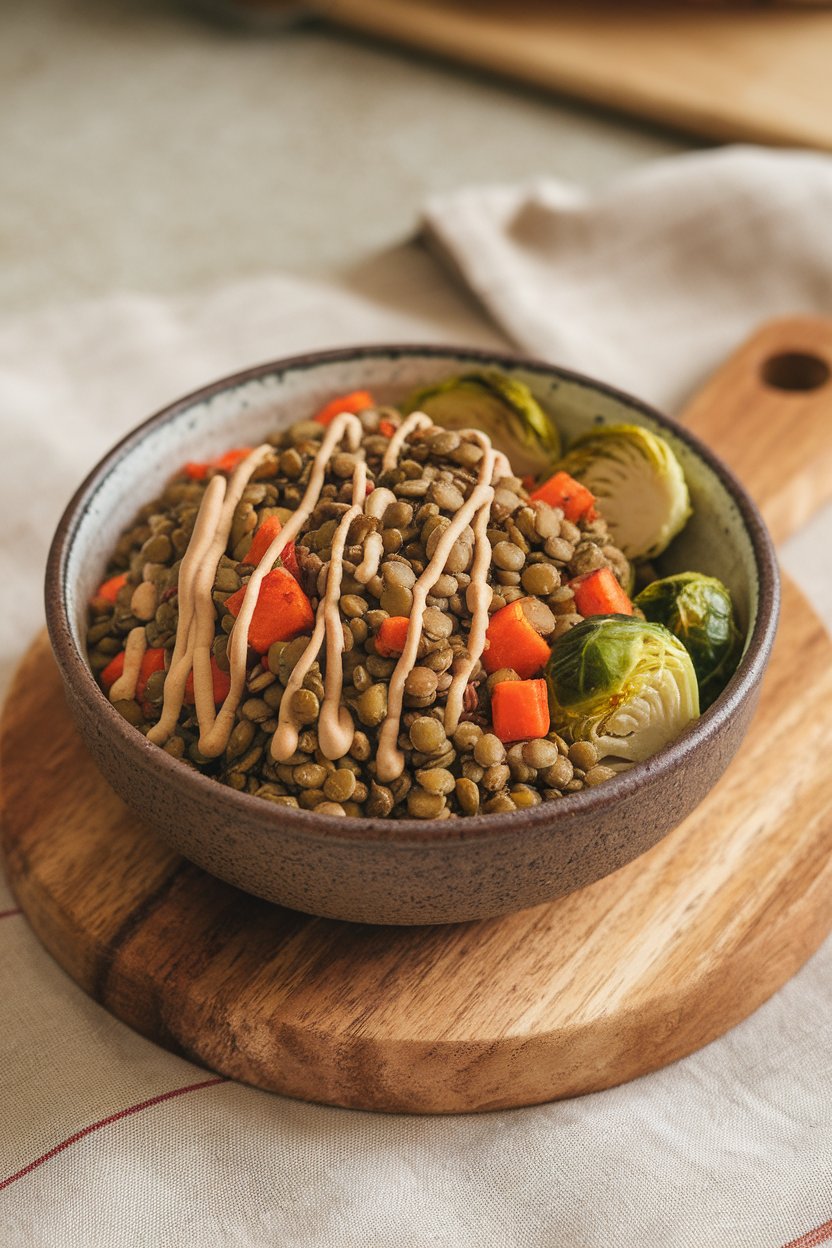 Ceramic bowl indoors brimming with green lentils, roasted carrots, Brussels sprouts, and a drizzle of tahini. No text or logos.