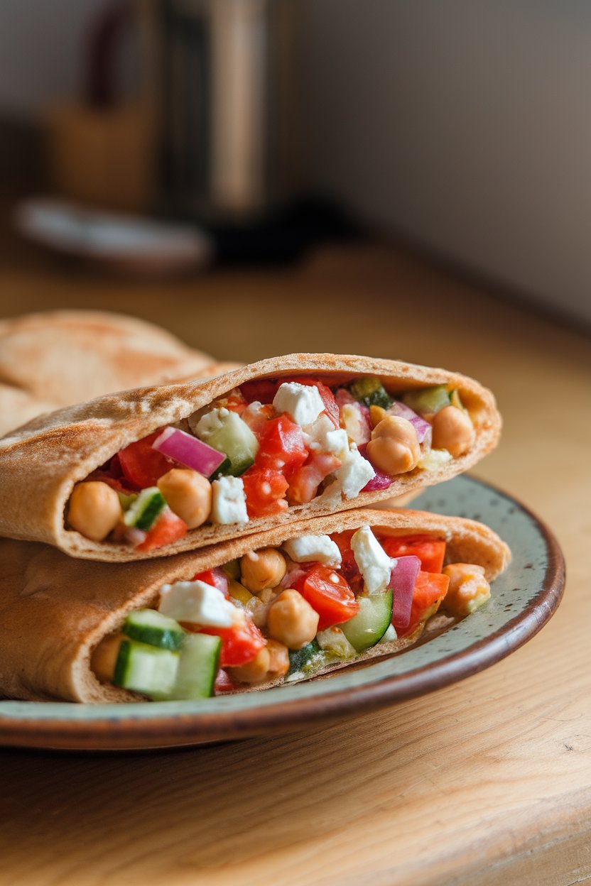 Indoor tabletop shot of halved whole-wheat pita pockets stuffed with colorful chickpea salad (cucumber, tomato, red onion, feta) on a ceramic plate. Soft natural window light, no text or logos.