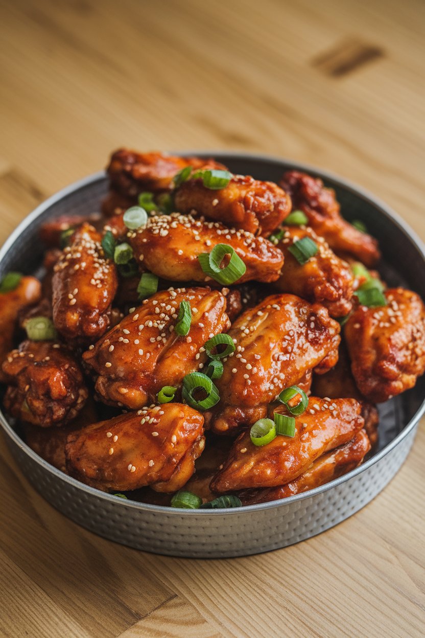 Indoor serving tray piled with glazed chicken wings sprinkled with sesame seeds and scallions. No text or logos. Photo only.