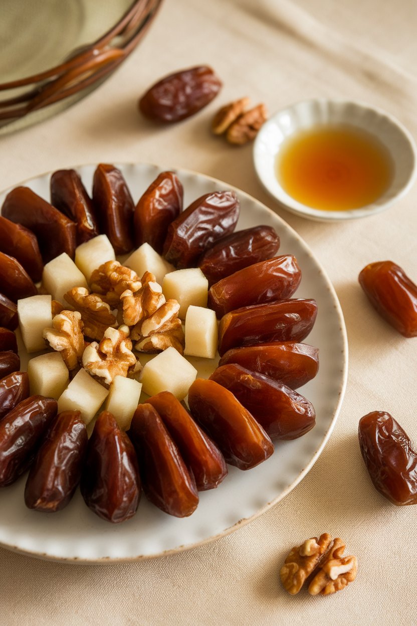 Indoor platter of split dates filled with diced pear and walnut pieces. No text or logos.