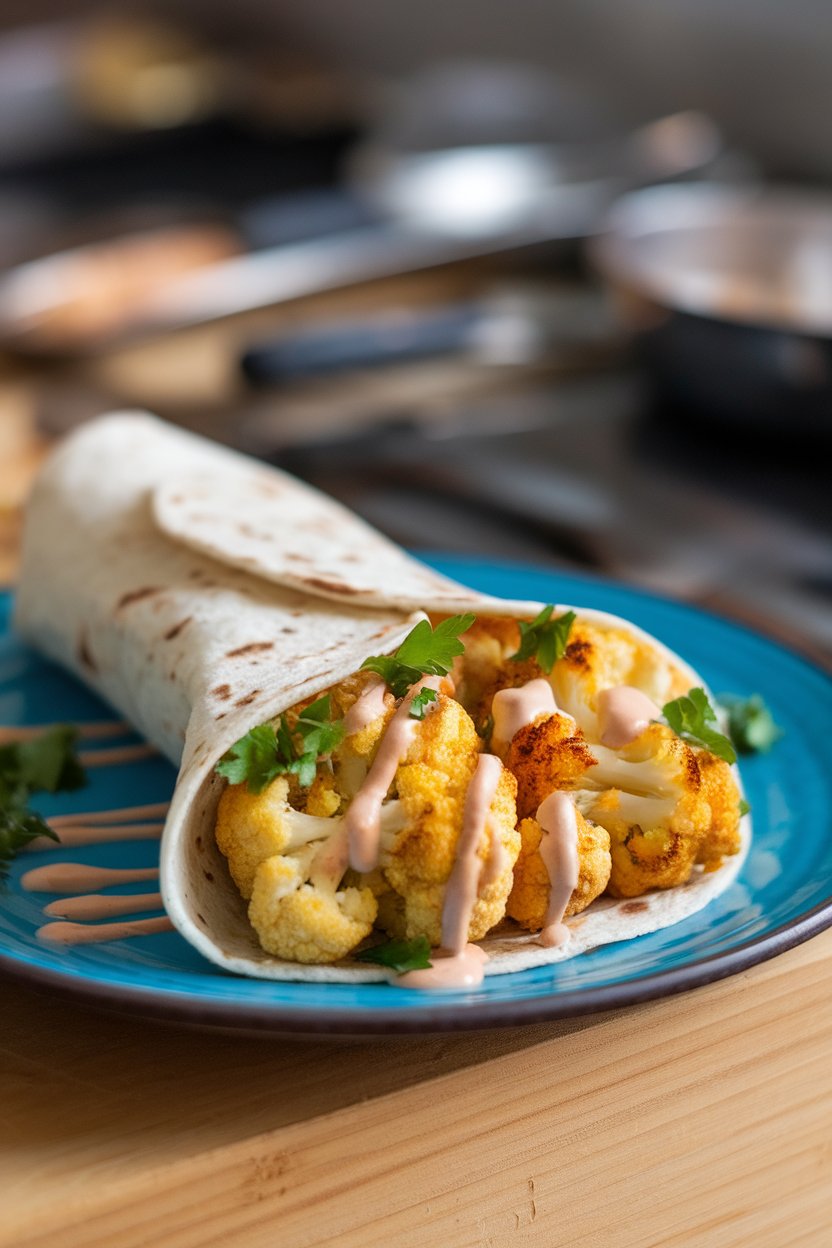 Indoor plate featuring a wrap packed with spiced roasted cauliflower, tahini drizzle, and parsley. No logos or text.