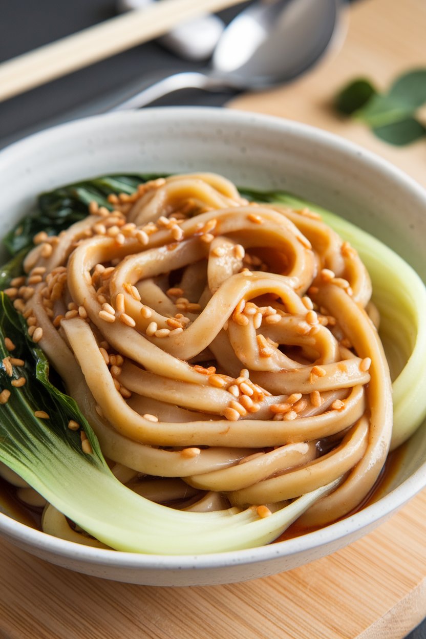 Indoor close-up of thick udon noodles coated in glossy miso sesame sauce, baby bok choy leaves nestled throughout. No text or logos.