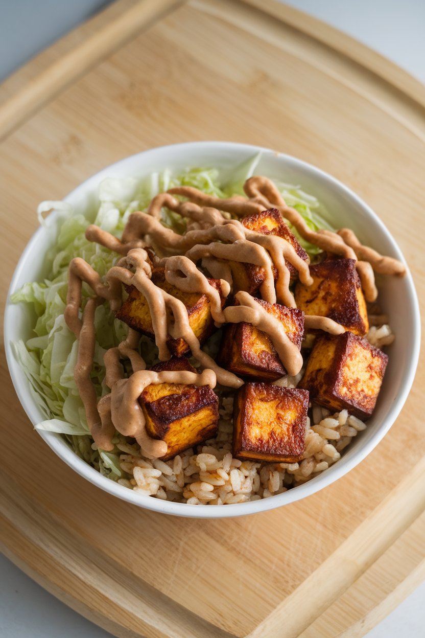 An indoor lunch bowl filled with crispy baked tofu cubes, brown rice, shredded cabbage, and a drizzle of peanut sauce. No text or logos anywhere. Photo only.