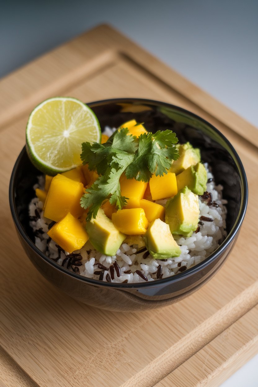 An indoor bowl with glossy black rice mixed with diced mango, avocado chunks, and cilantro, lime wedge on rim. No logos or text.