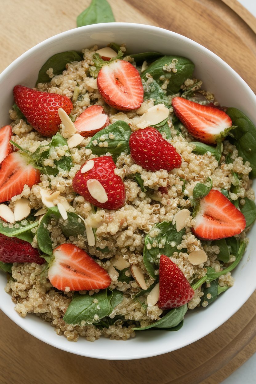 Indoor salad bowl containing fluffy quinoa, baby spinach, sliced strawberries, and slivered almonds, lightly dressed. No text or logos present.