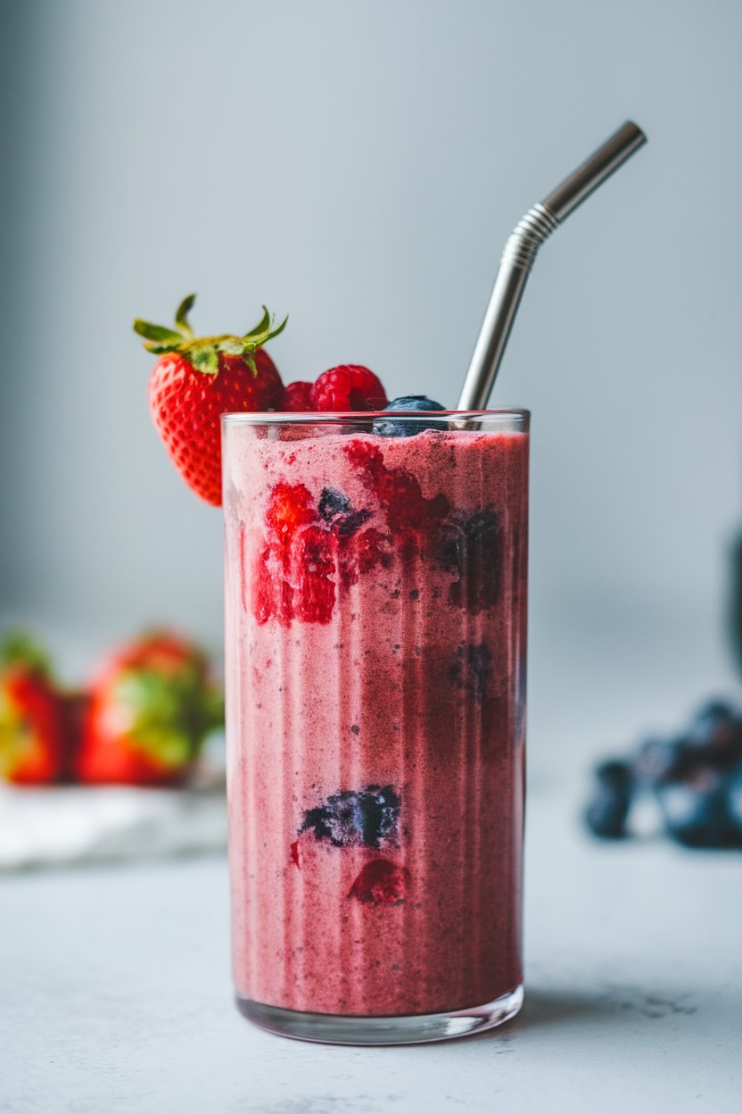 Indoor photo of a tall glass of vibrant berry smoothie with visible fruit specks, stainless straw, no text or logos